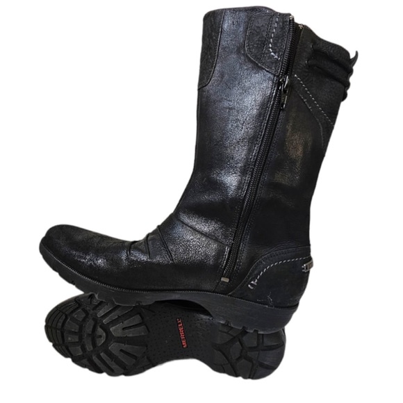 Merrell Boots Vera Mid Black Boots Combat SZ 9 Side Zip Pleated striped lining - Picture 8 of 11